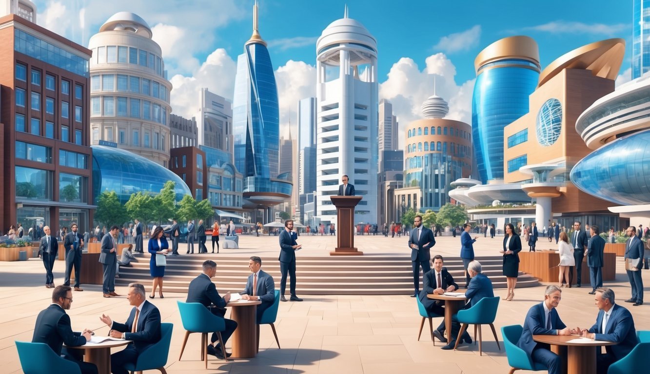 A bustling city square with diverse buildings and people engaged in discussions.</p><p>A podium stands in the center, symbolizing governance.</p><p>Futuristic architecture hints at a promising future