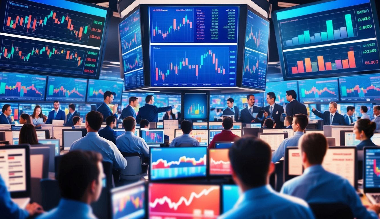 A vibrant market scene with various financial charts and graphs displayed on digital screens, surrounded by bustling traders and analysts