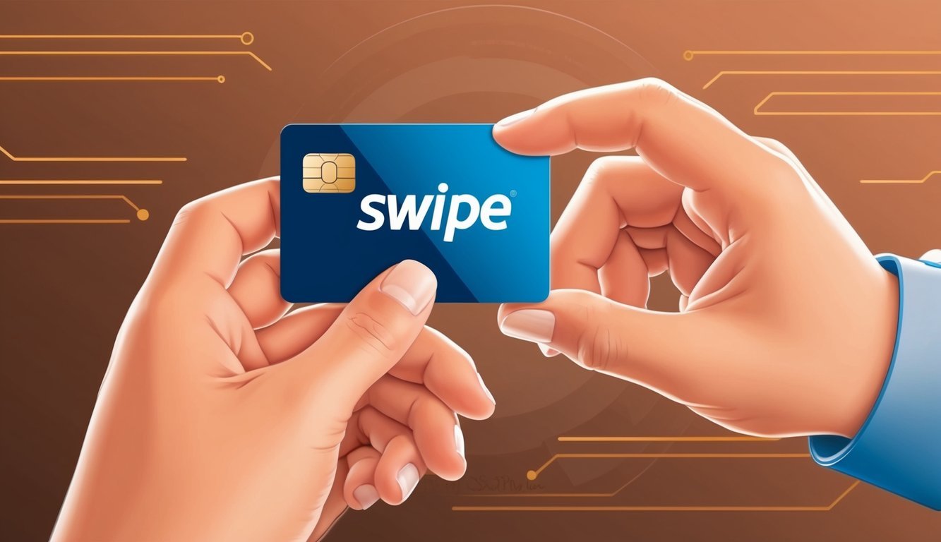 A hand swiping a digital card with the Swipe (SXP) logo