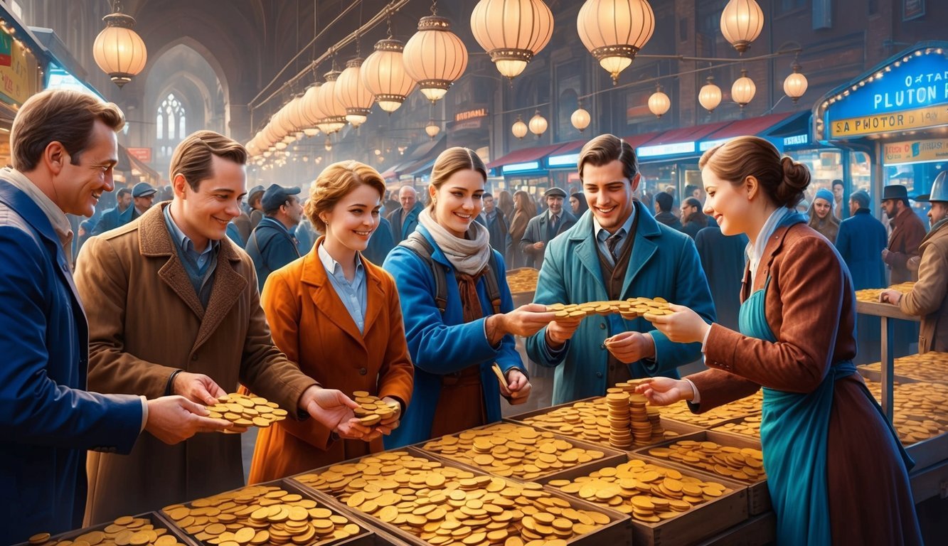 A group of people exchanging Pluton tokens in a bustling marketplace