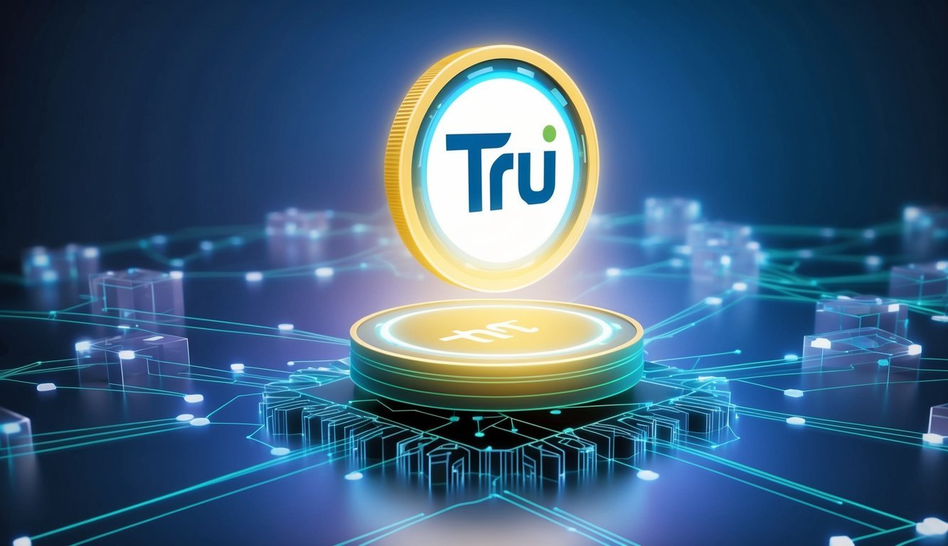 A glowing digital coin with the TrueFi logo hovering above a network of interconnected blocks, symbolizing the decentralized nature of the TRU cryptocurrency