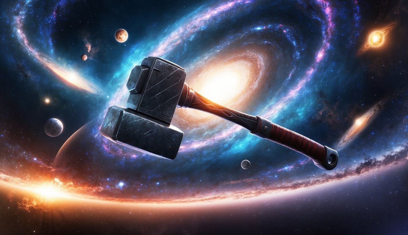 A majestic hammer floating in a cosmic void, surrounded by swirling galaxies and glowing celestial bodies