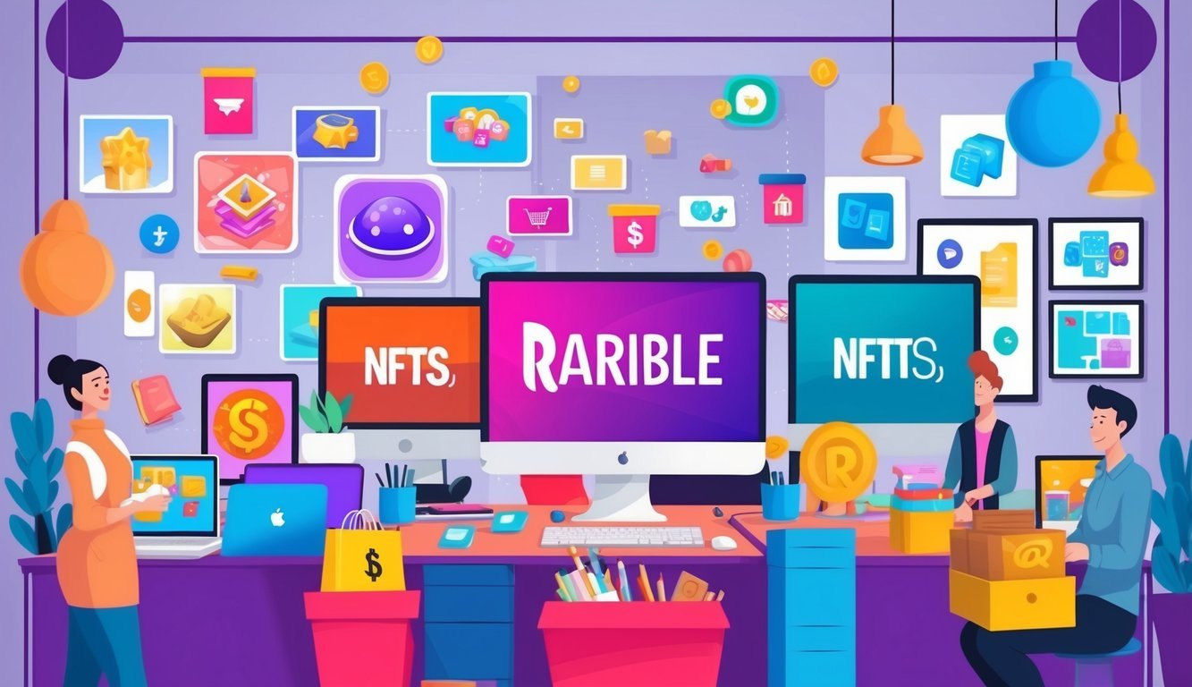 A vibrant marketplace with digital art, NFTs, and collectibles being bought and sold on Rarible (RARI) platform