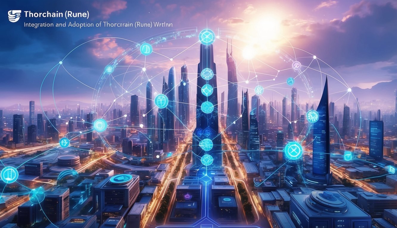 A vibrant, futuristic cityscape with interconnected networks and technology, showcasing the integration and adoption of THORChain (RUNE) within the digital world