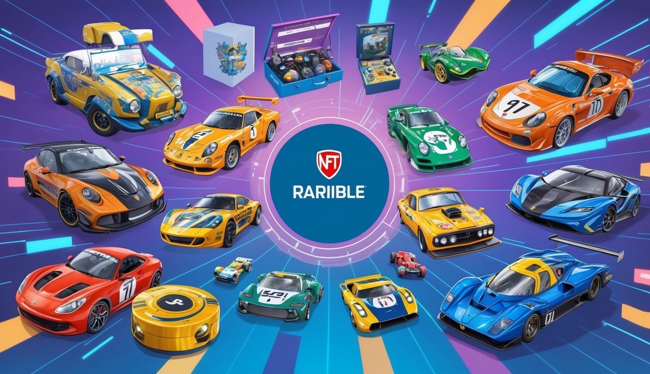 A vibrant digital marketplace with diverse NFT artwork and collectibles, symbolized by the Rarible (RARI) logo at the center