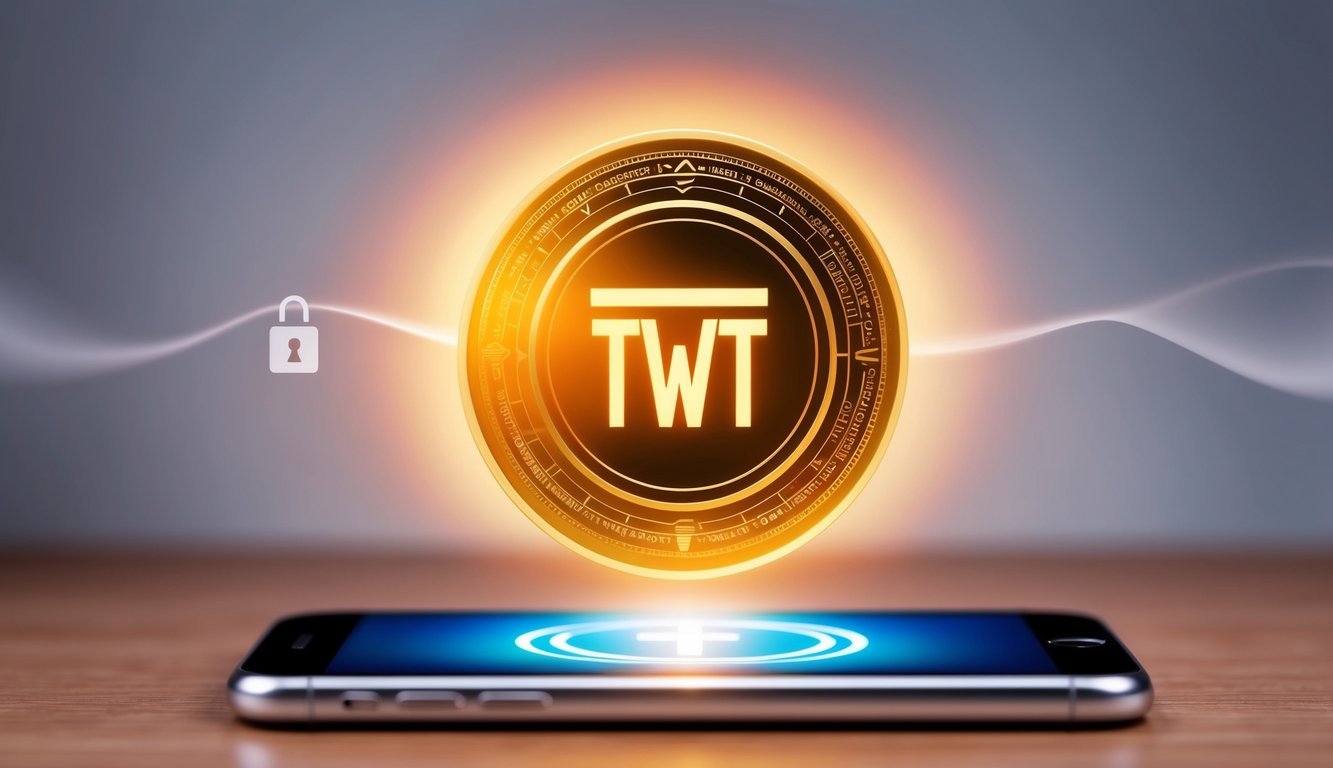 A glowing Trust Wallet Token (TWT) hovering above a smartphone with a secure lock icon in the background