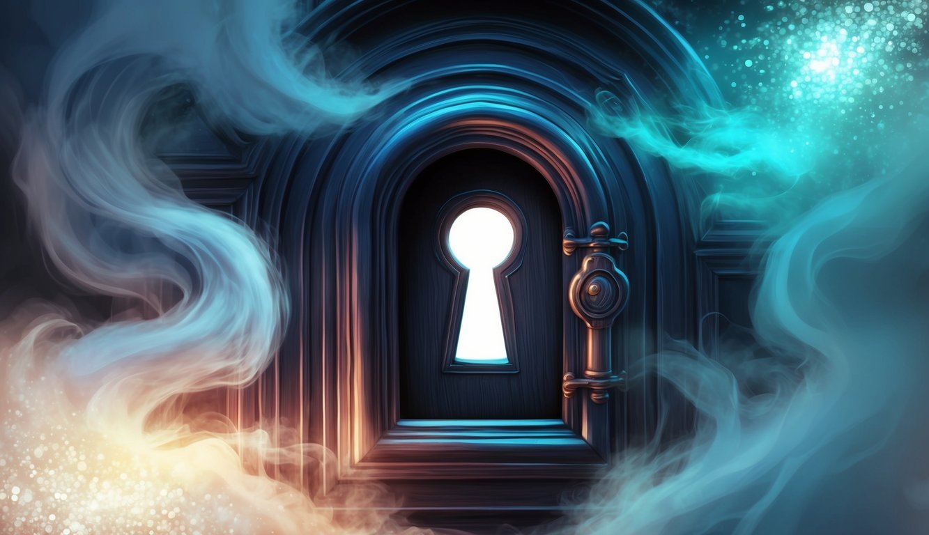 A mysterious keyhole surrounded by swirling mist and shimmering light