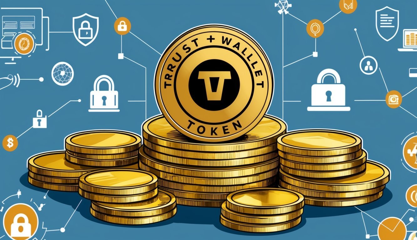 A stack of gold coins with the Trust Wallet Token logo on top, surrounded by digital icons representing security and trust