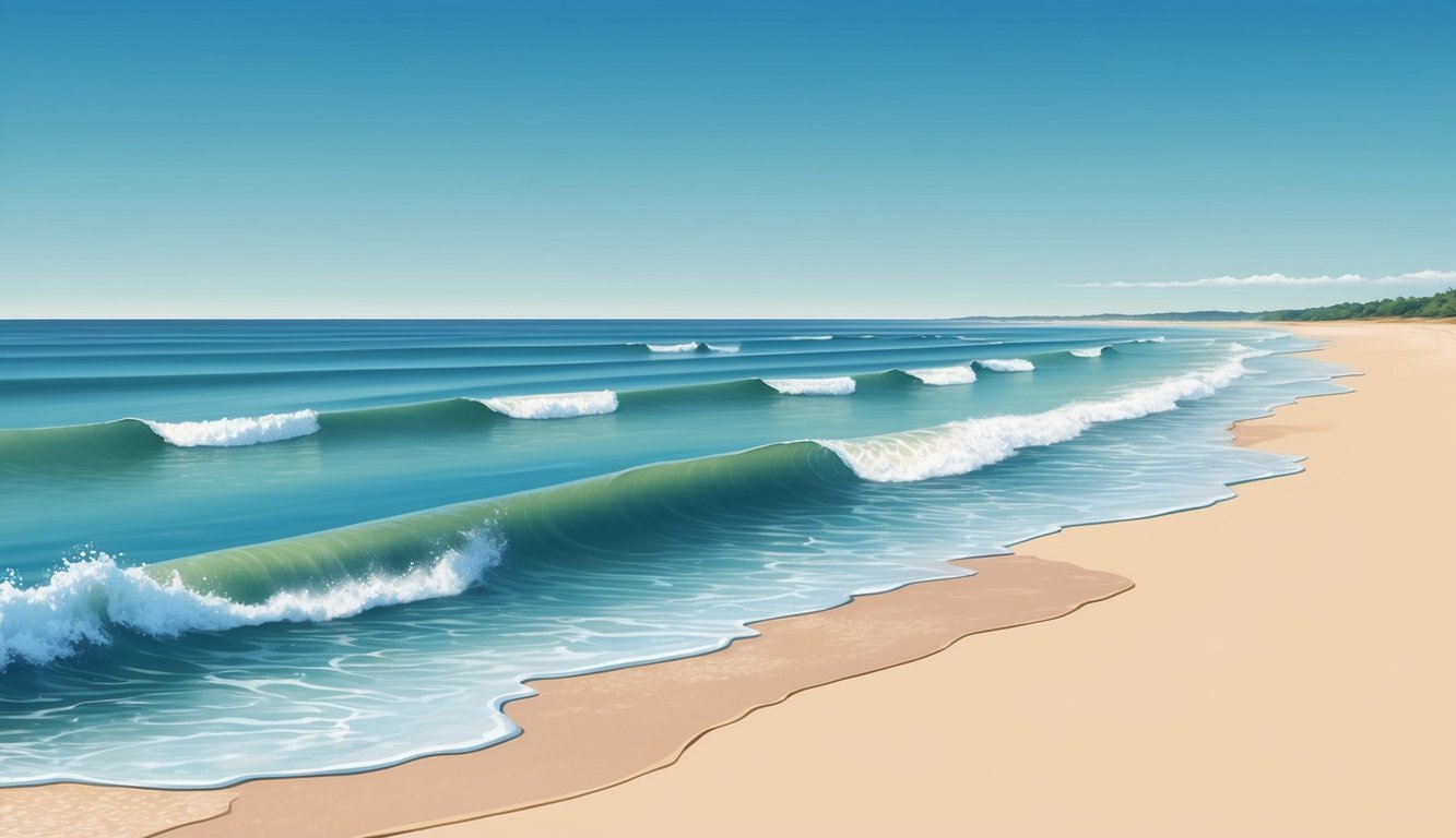 A serene beach with gentle waves rolling onto the shore under a clear blue sky