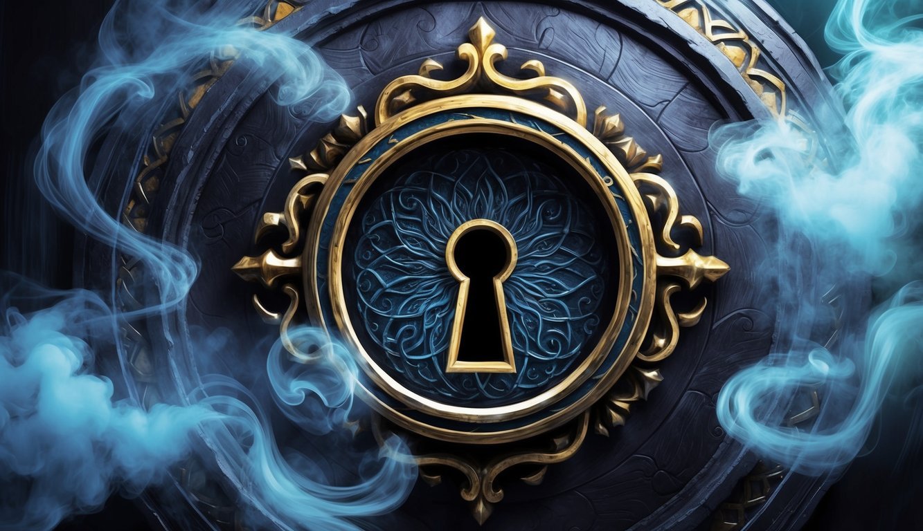 A mysterious keyhole with intricate designs, surrounded by swirling mist and glowing symbols, hinting at the enigmatic nature of Secret (SCRT)