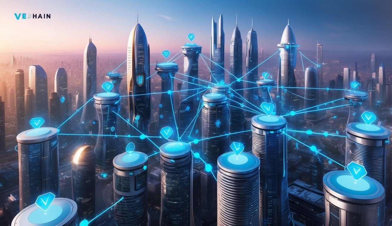 A futuristic cityscape with interconnected blockchain nodes and digital assets flowing through VeChain's ecosystem