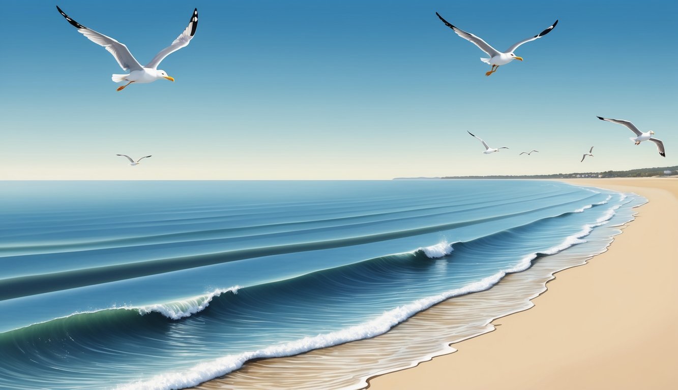 A calm ocean with gentle waves rolling onto a sandy beach under a clear blue sky.</p><p>Seagulls soar in the distance