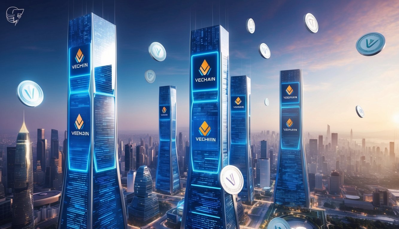 A futuristic cityscape with digital VeChain logos displayed on towering skyscrapers, while VET tokens float in the air, symbolizing the digital nature of the cryptocurrency