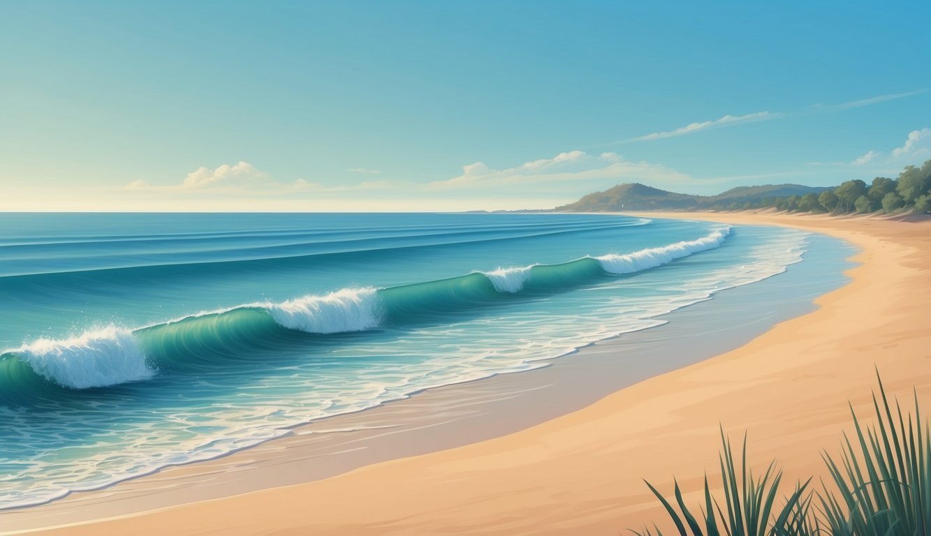 A serene beach with gentle waves rolling onto the shore under a clear blue sky