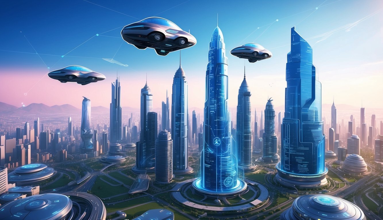 A futuristic cityscape with towering skyscrapers and flying vehicles, showcasing the integration of blockchain technology and digital assets in daily life