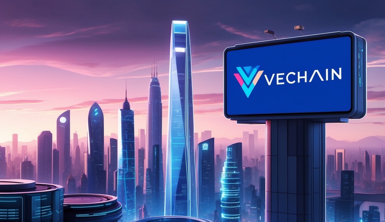 A futuristic city skyline with VeChain (VET) logo prominently displayed on a large digital billboard