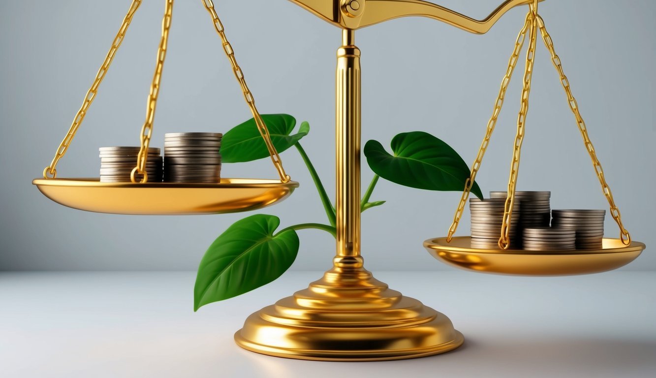 A golden scale balancing a stack of coins and a growing plant