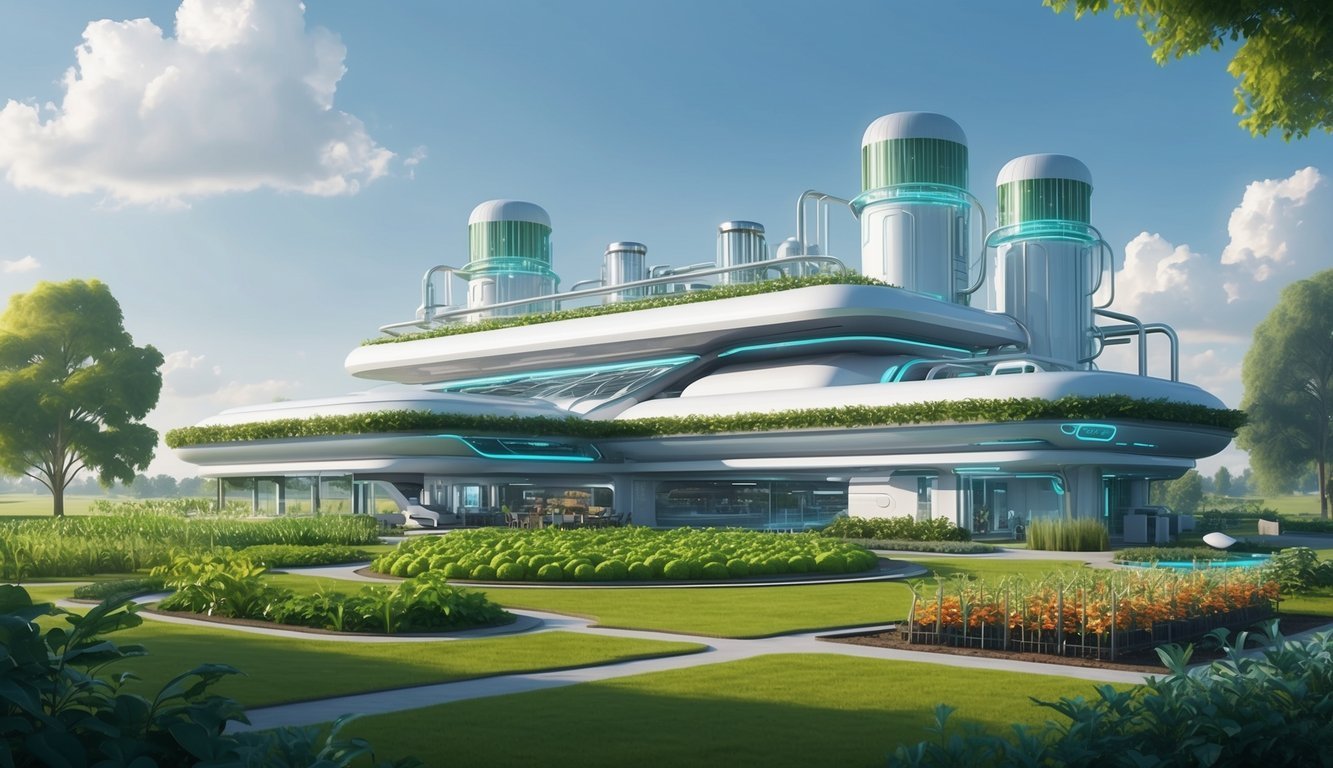 A futuristic farm with advanced technology and sustainable practices, surrounded by lush greenery and innovative structures