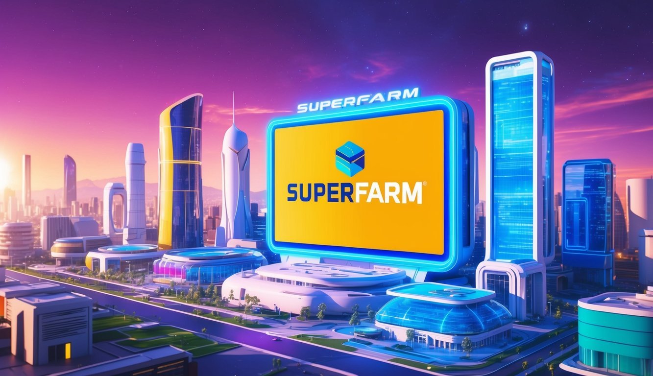 A vibrant, futuristic cityscape with a prominent SuperFarm logo displayed on a large digital billboard.</p><p>Bright colors and modern architecture convey a sense of innovation and excitement