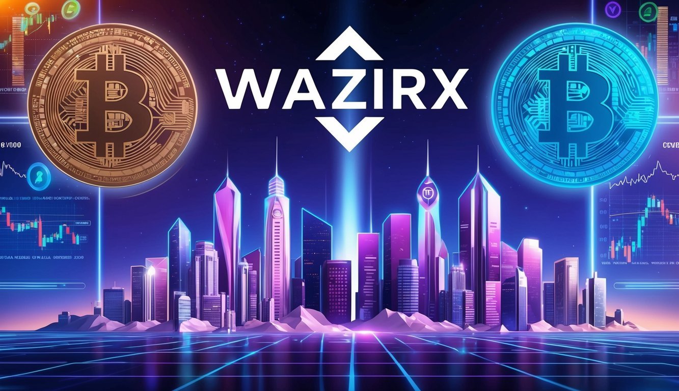 A futuristic city skyline with a prominent WazirX logo towering over the buildings, surrounded by digital currency symbols and trading charts