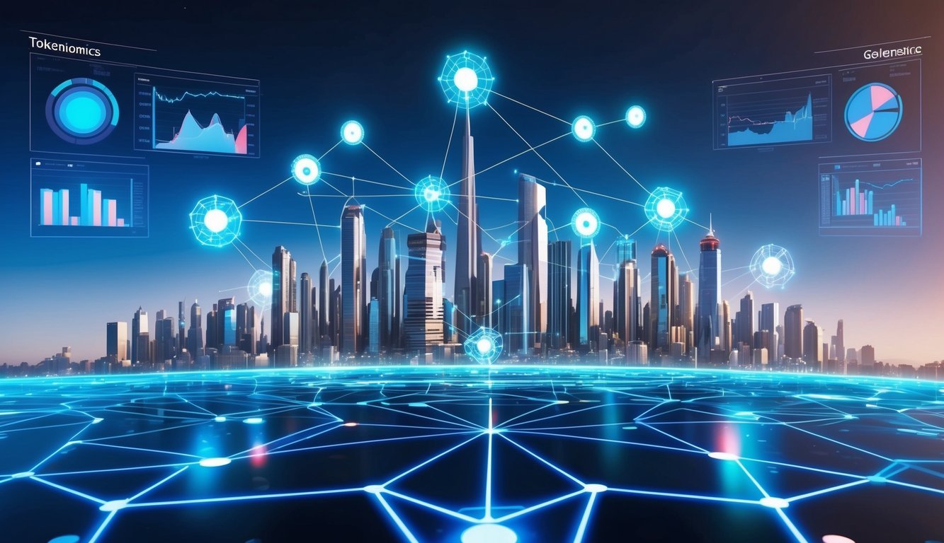 A futuristic city skyline with interconnected nodes representing tokenomics and governance, surrounded by digital charts and graphs