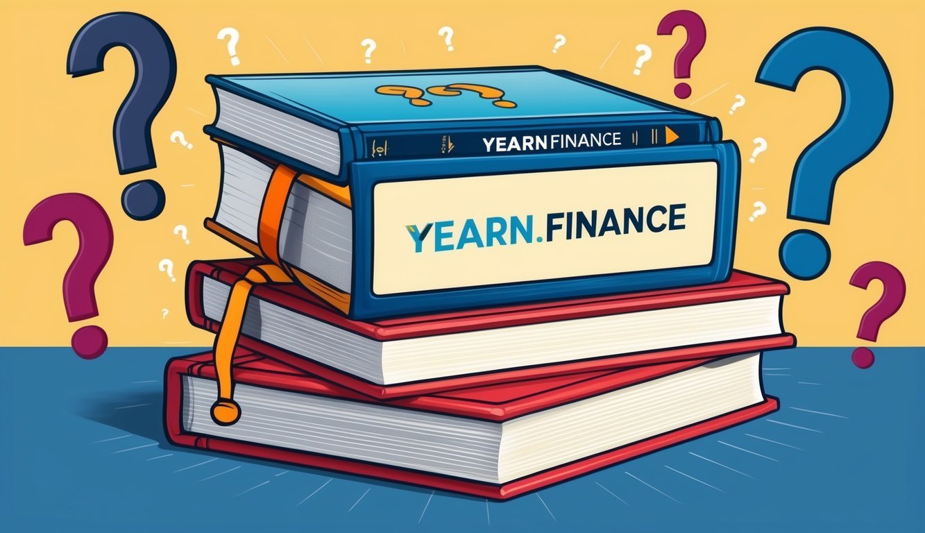 A stack of books with the Yearn.Finance logo on the cover, surrounded by question marks