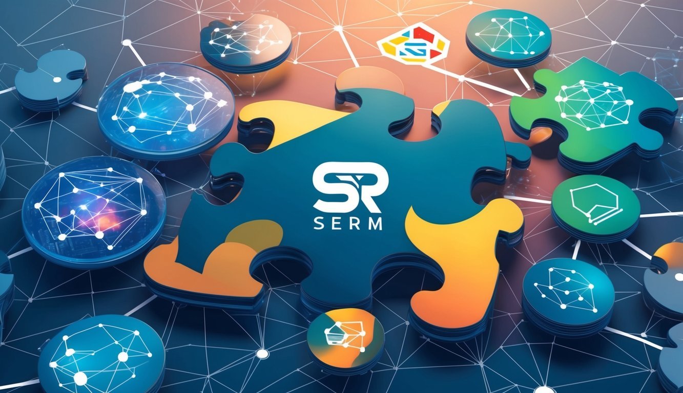 A network of interconnected puzzle pieces, representing various organizations and platforms, with the Serum (SRM) logo at the center