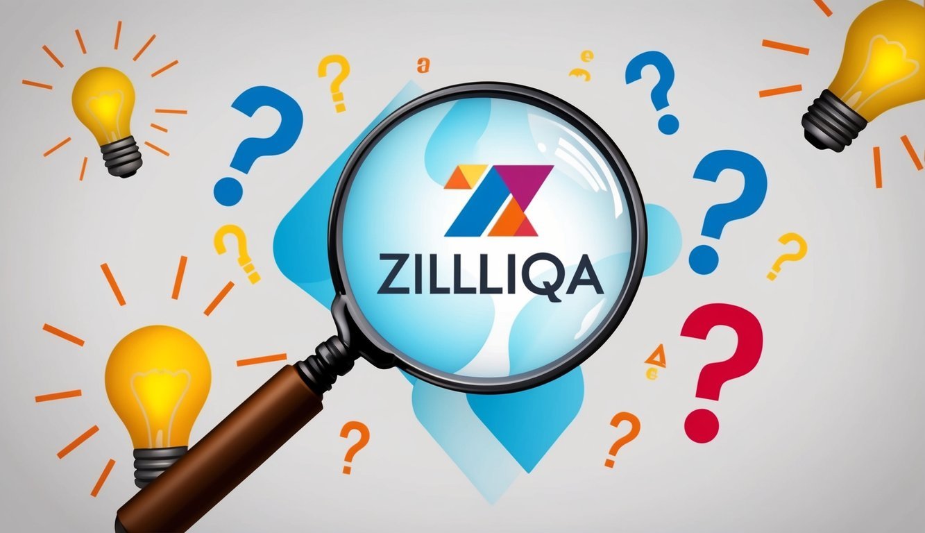 A magnifying glass hovers over the Zilliqa logo, surrounded by question marks and lightbulbs