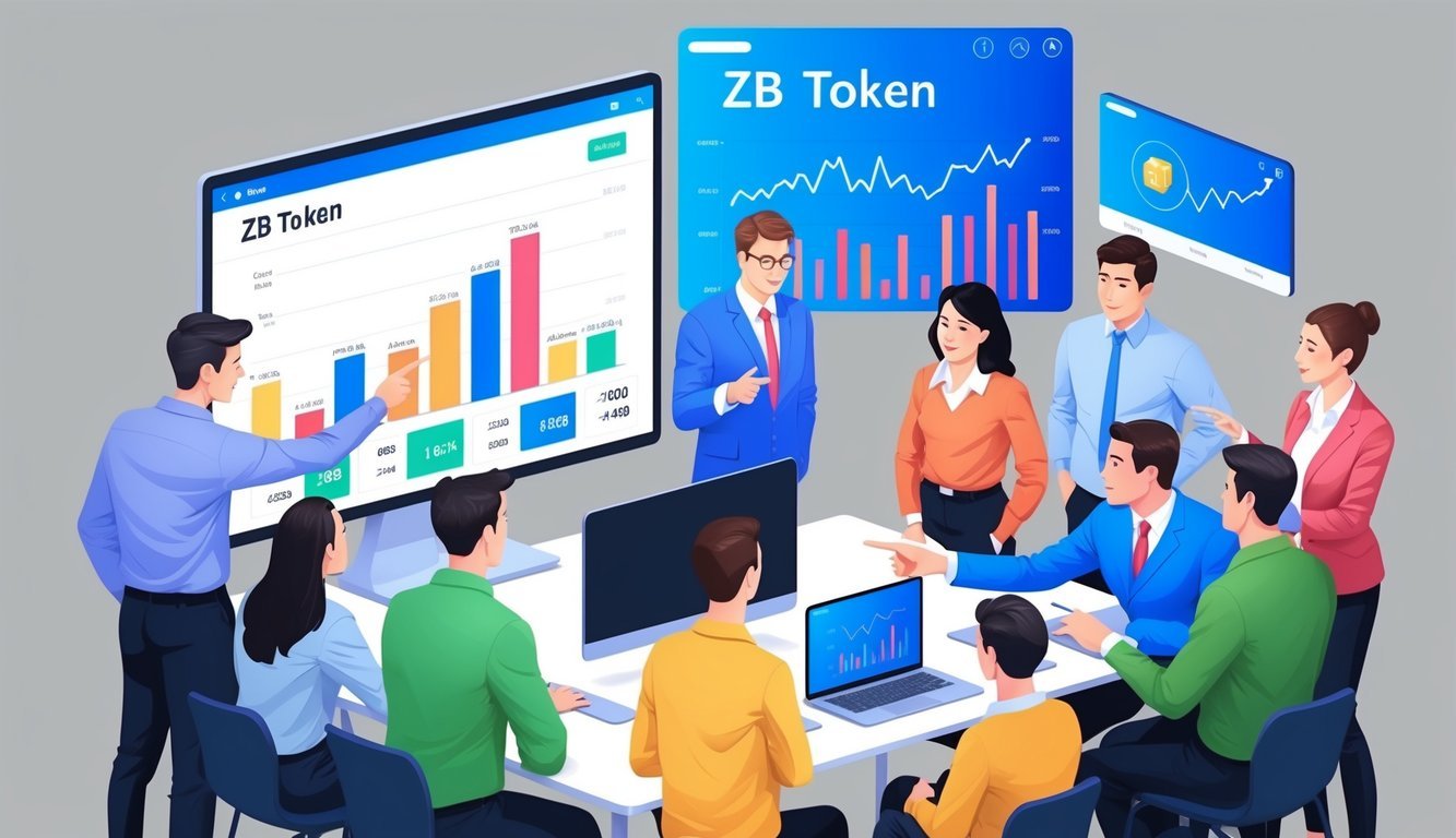 A group of people gathered around a computer screen, pointing and discussing while graphs and charts of ZB Token (ZB) are displayed