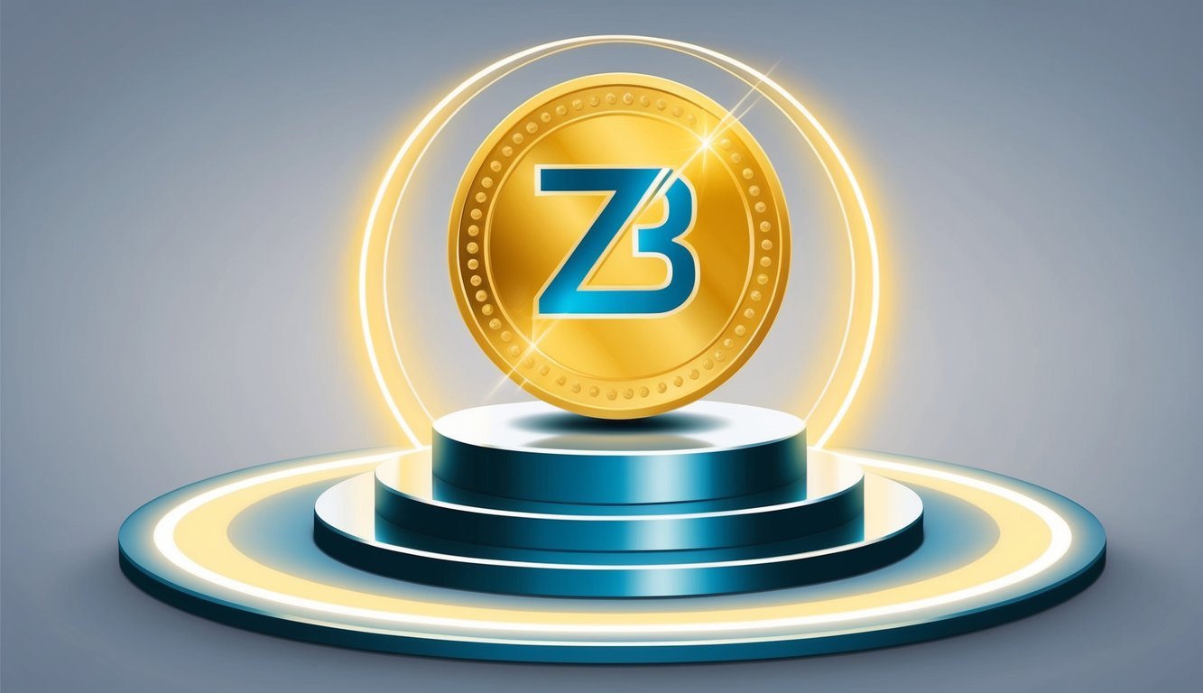 A shining token with the letter "ZB" stands atop a pedestal, surrounded by a circle of light, symbolizing its significance and value