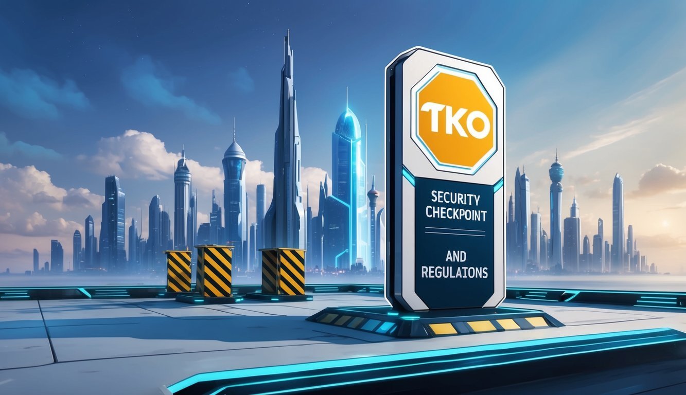 A futuristic city skyline with a prominent security checkpoint and regulations sign, featuring the Toko Token (TKO) logo prominently displayed