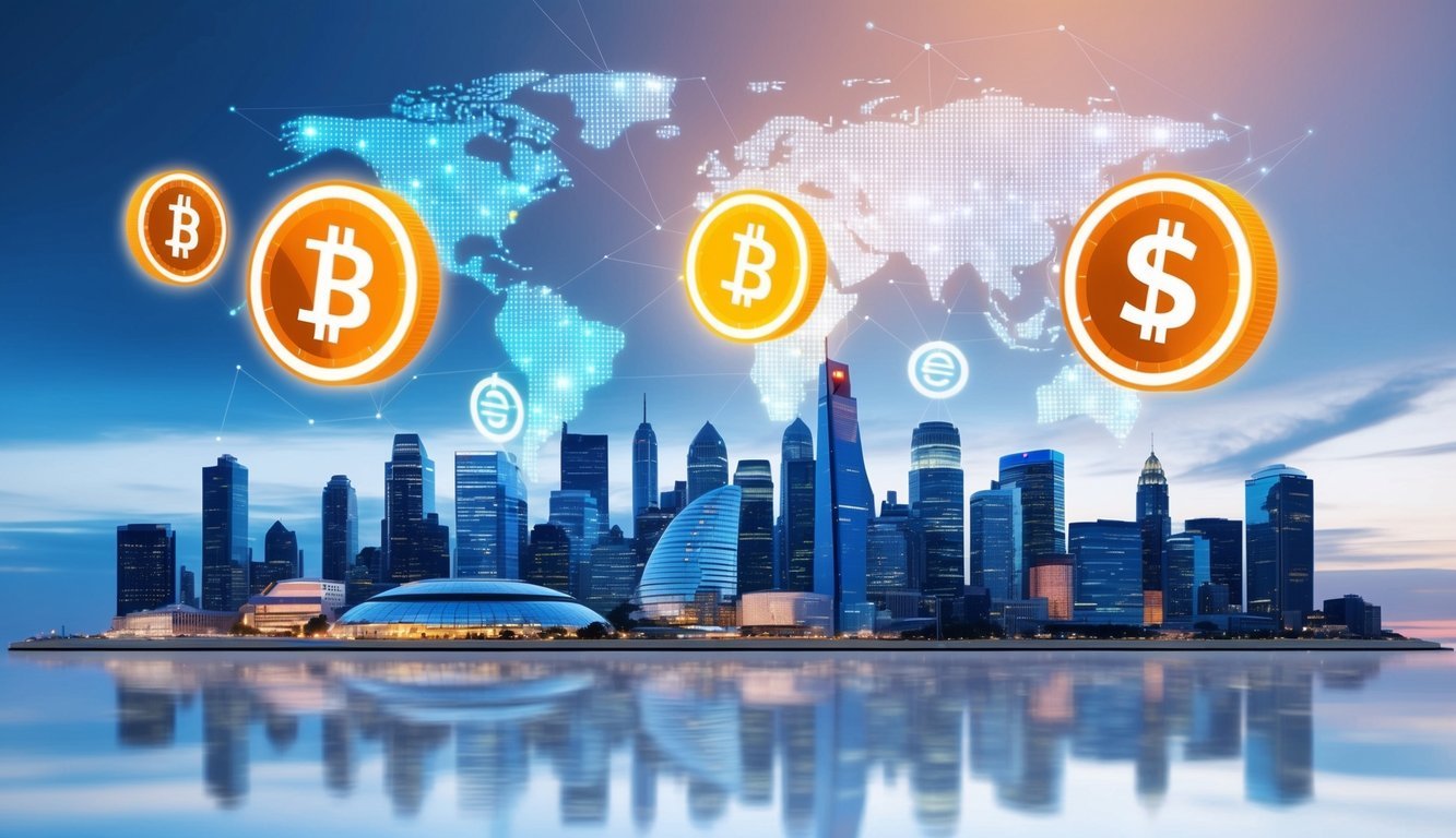 A futuristic city skyline with digital currency symbols floating above, representing the potential of Reserve Rights (RSR) in the global financial market