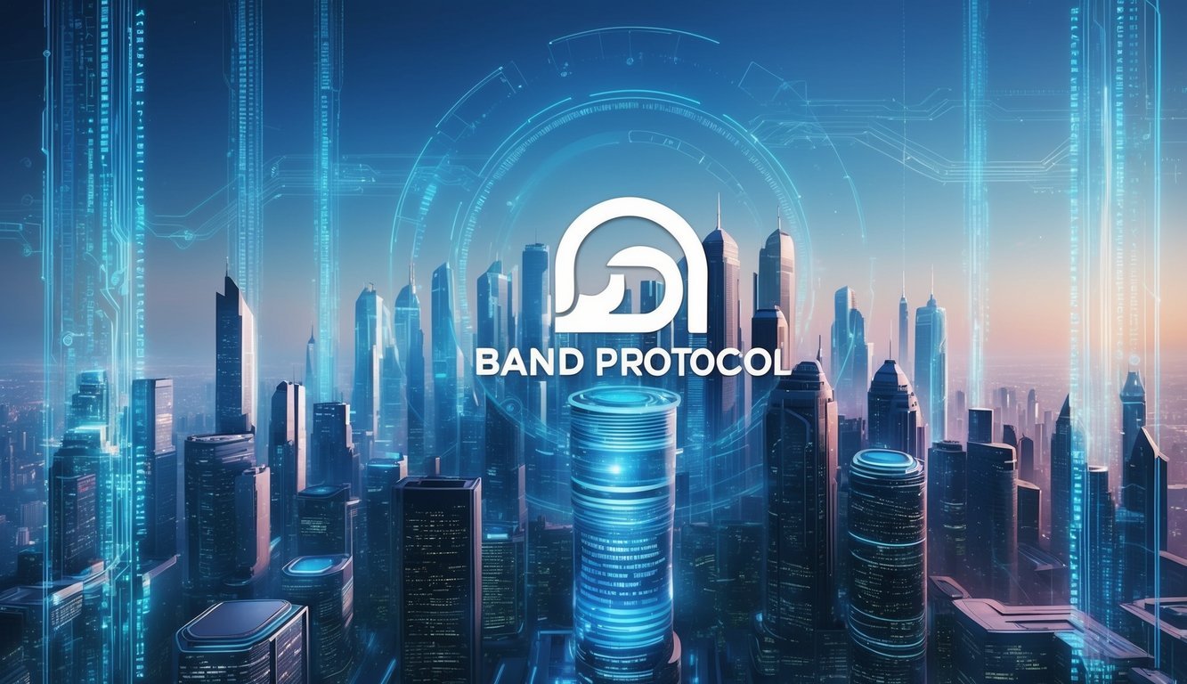 A futuristic city skyline with digital data streams and a prominent logo of Band Protocol in the center