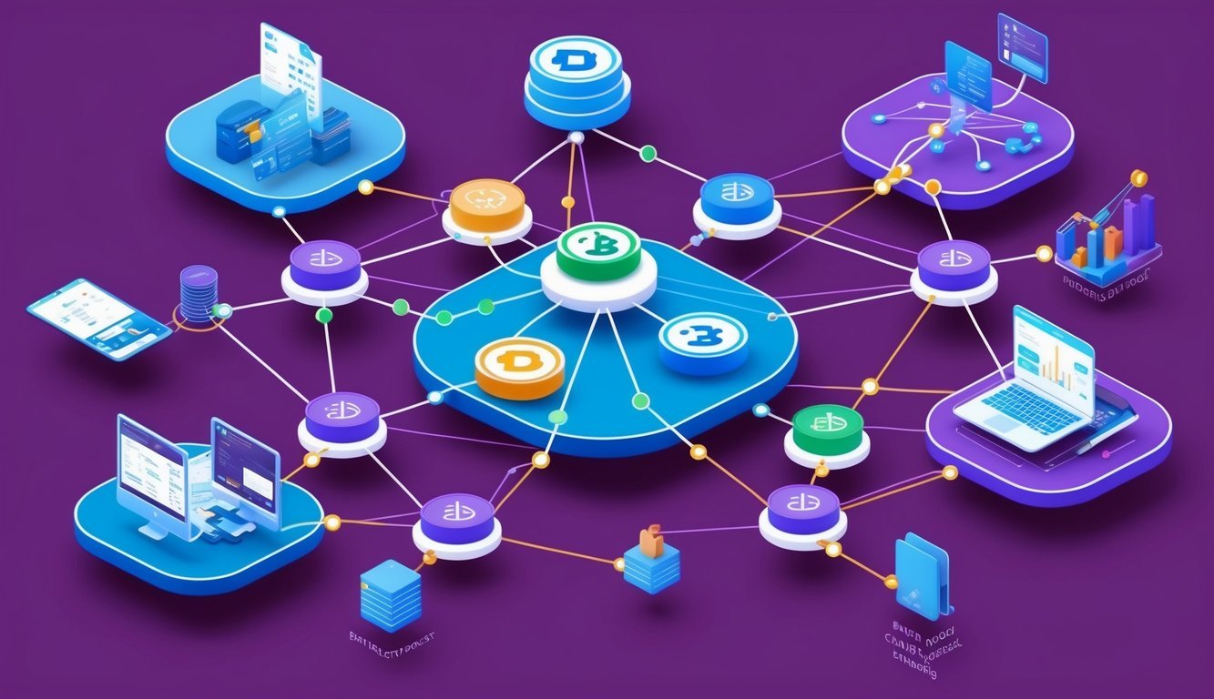 A network of interconnected nodes representing Band Protocol's token economics, with various data feeds and smart contracts