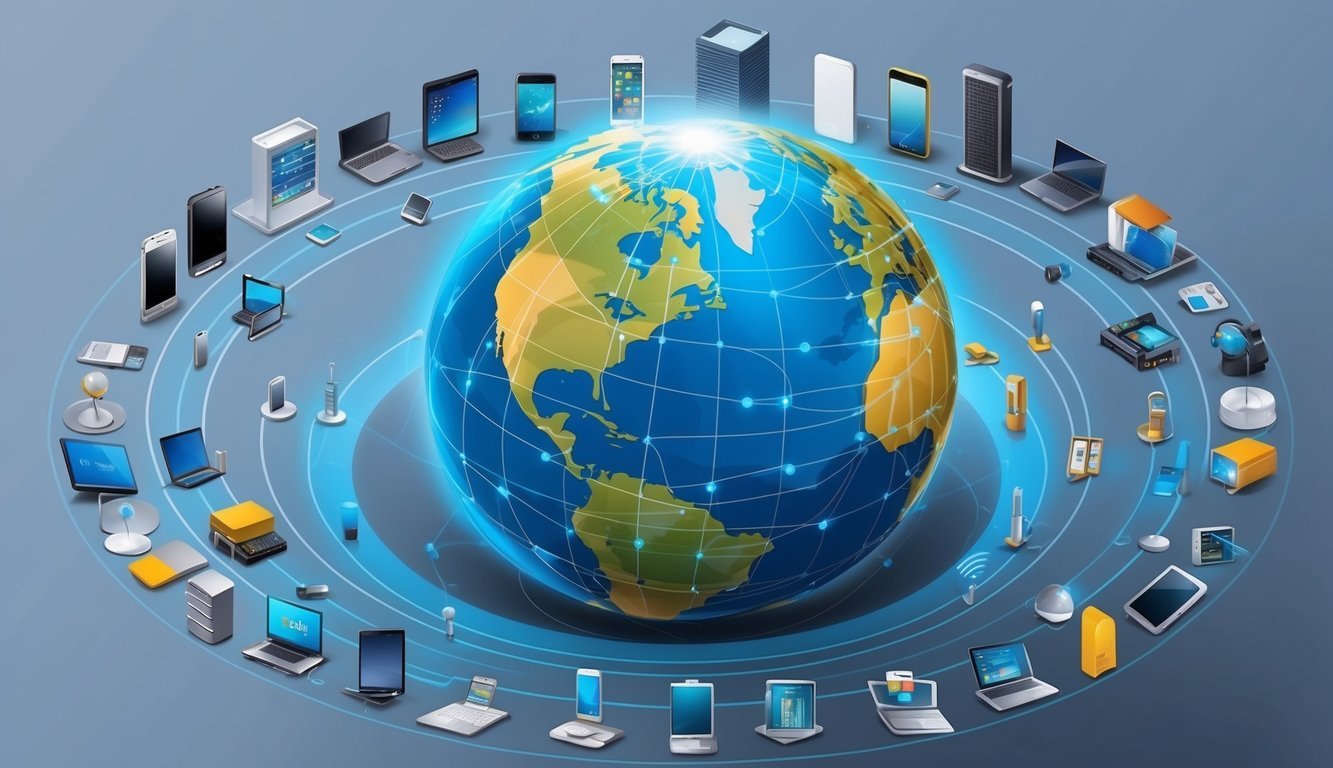 A globe surrounded by various interconnected devices and platforms, symbolizing the diverse use cases and applications of Band Protocol (BAND)