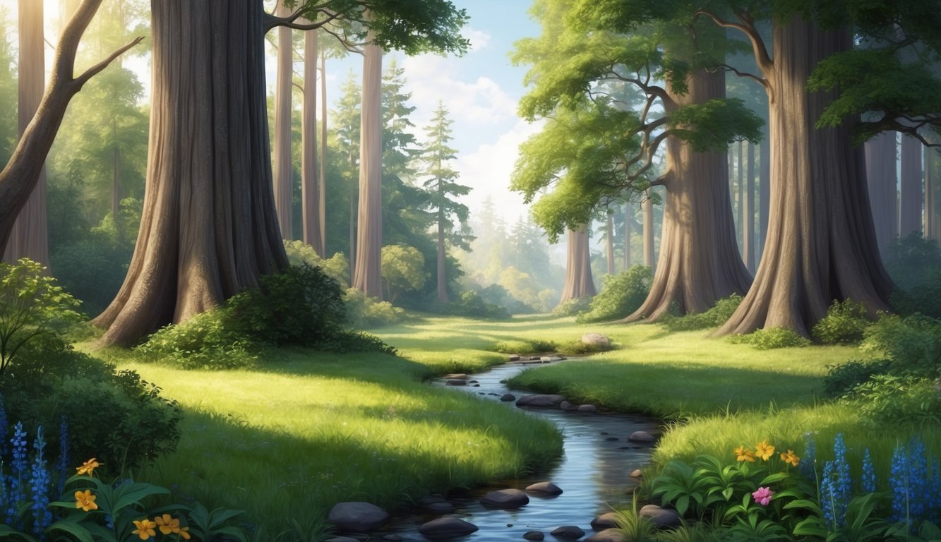 A serene forest clearing with a small stream, surrounded by tall, ancient trees and colorful flowers.</p><p>Sunlight filters through the canopy, casting dappled shadows on the ground