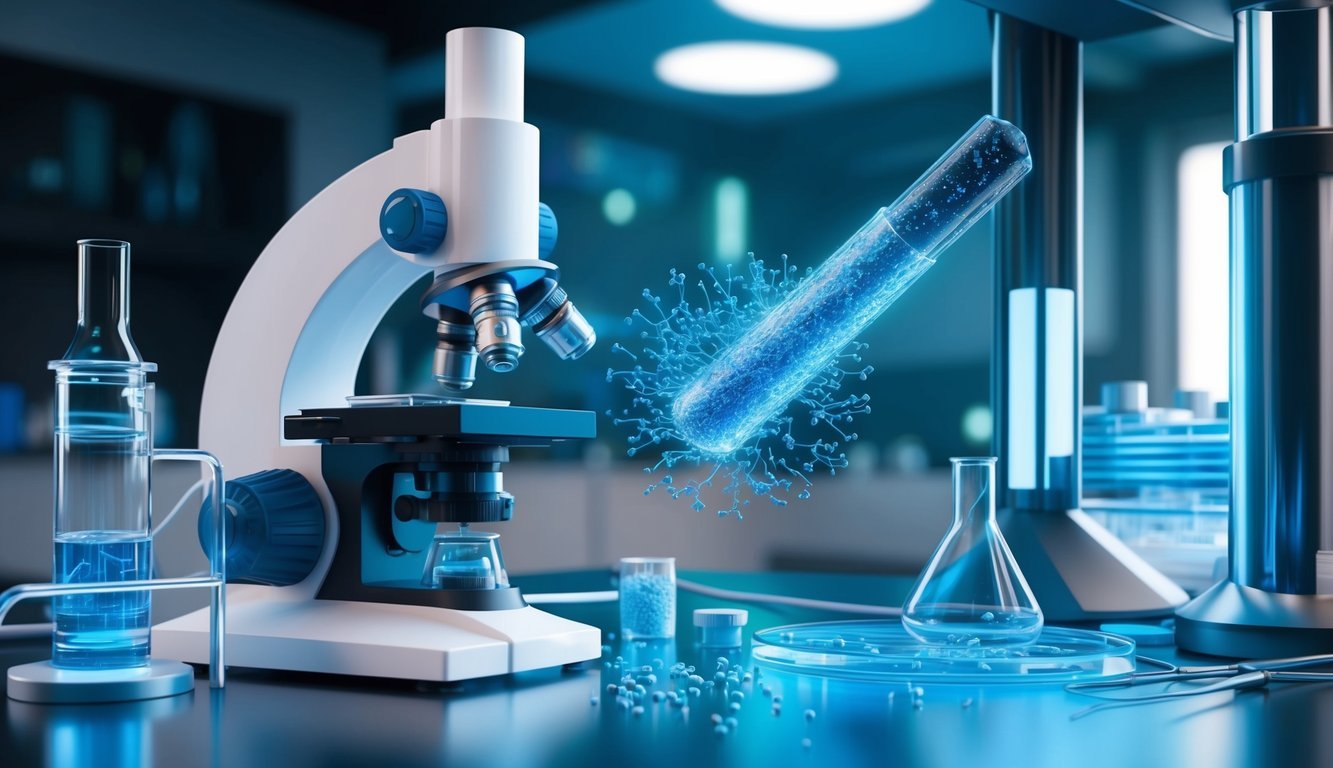 A laboratory with futuristic equipment and nano-sized particles being manipulated under a microscope