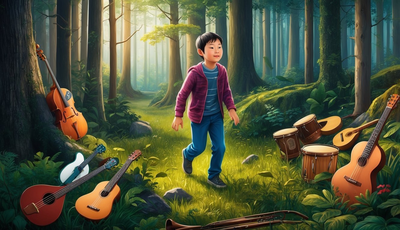 A young Ren explores a forest, surrounded by musical instruments and nature