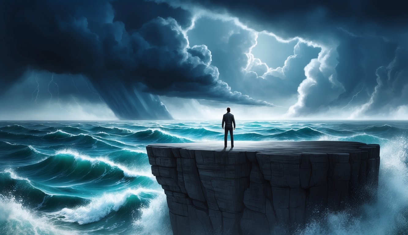 A lone figure stands at the edge of a cliff, surrounded by turbulent waters and dark storm clouds, symbolizing internal struggles and challenges