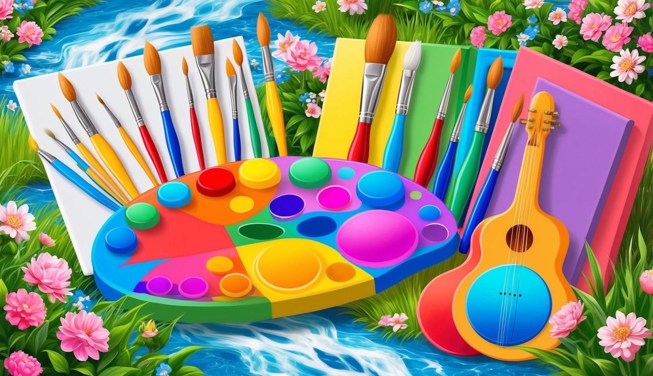 A colorful palette of paintbrushes, musical instruments, and art canvases, surrounded by blooming flowers and flowing streams