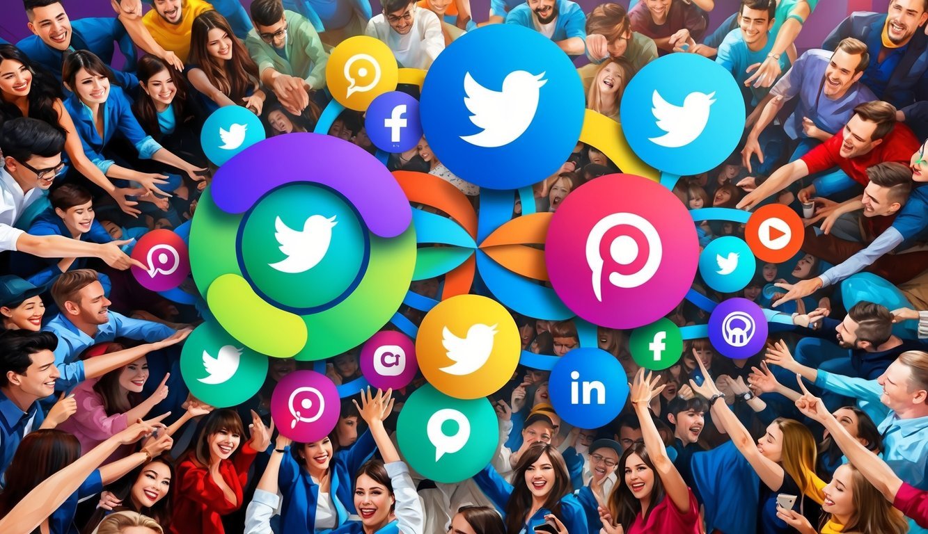 A vibrant social media platform with a logo of interconnected circles, surrounded by enthusiastic fans interacting and sharing content