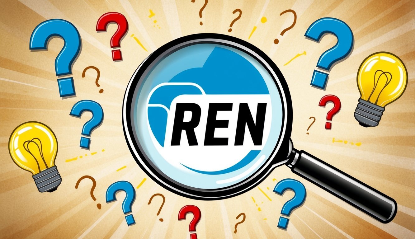 A magnifying glass hovers over the Ren (REN) logo, surrounded by question marks and lightbulbs