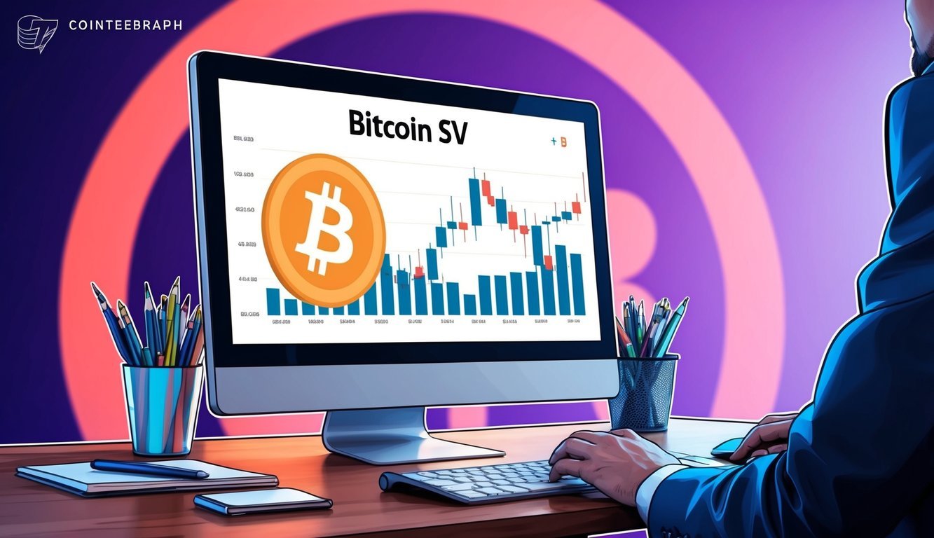 A computer screen displays a digital currency chart with the Bitcoin SV (BSV) logo in the background