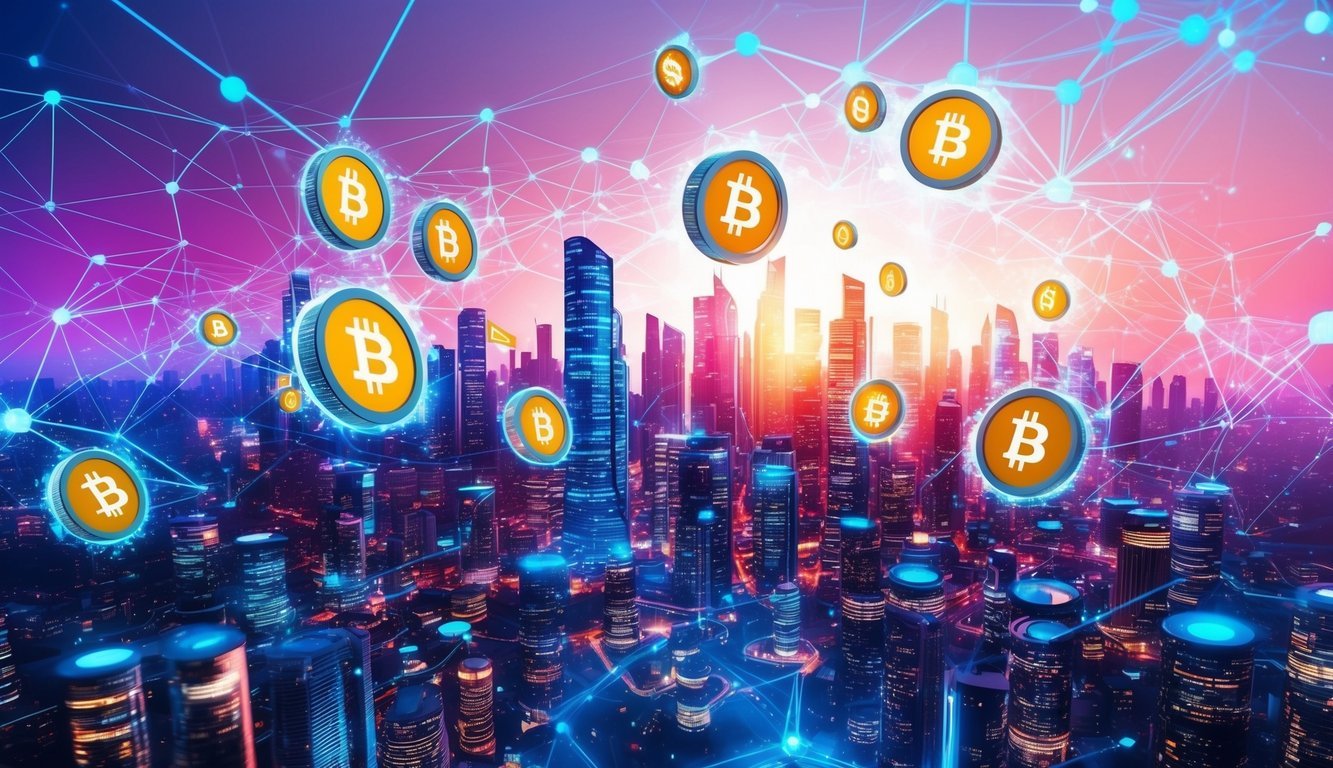 A vibrant, futuristic cityscape with digital currency symbols floating in the air, surrounded by a network of interconnected nodes and data streams