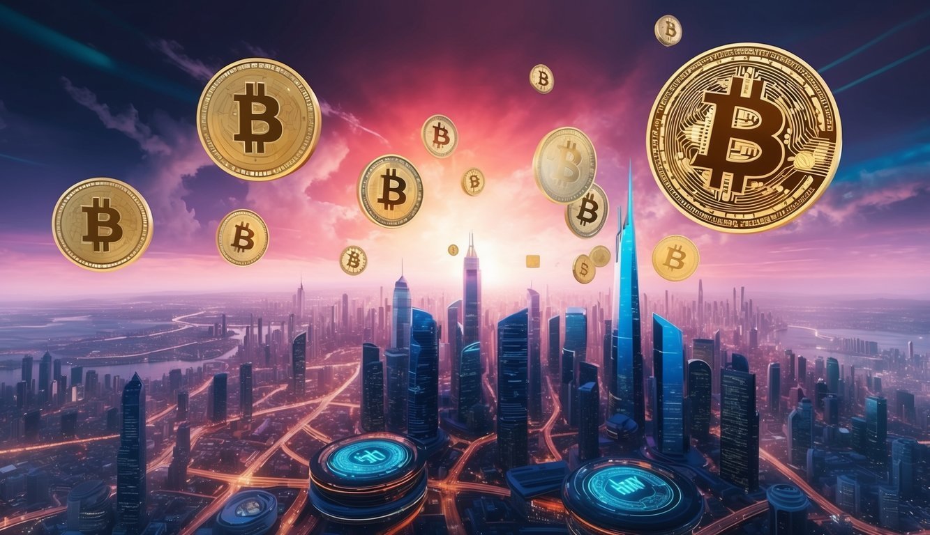 A futuristic cityscape with digital currency symbols floating in the air