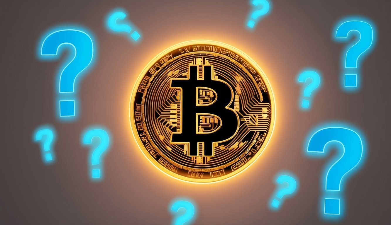 A glowing Bitcoin SV (BSV) symbol surrounded by floating question marks