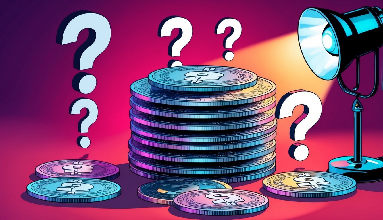 A stack of Siacoin (SC) tokens surrounded by question marks and a spotlight shining on them