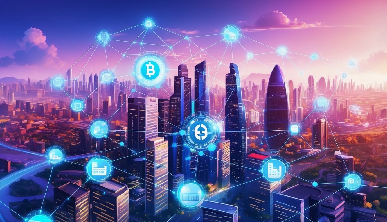 A vibrant cityscape with interconnected nodes and digital assets flowing through a futuristic network, symbolizing ICON's decentralized ecosystem