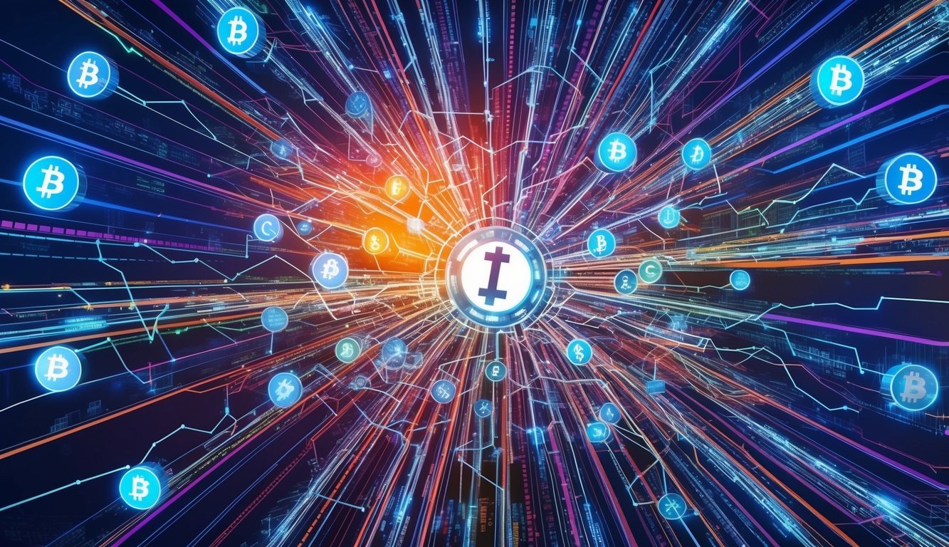 An intricate web of interconnected digital currency symbols, charts, and graphs, representing the complex economics of ICON (ICX) trading