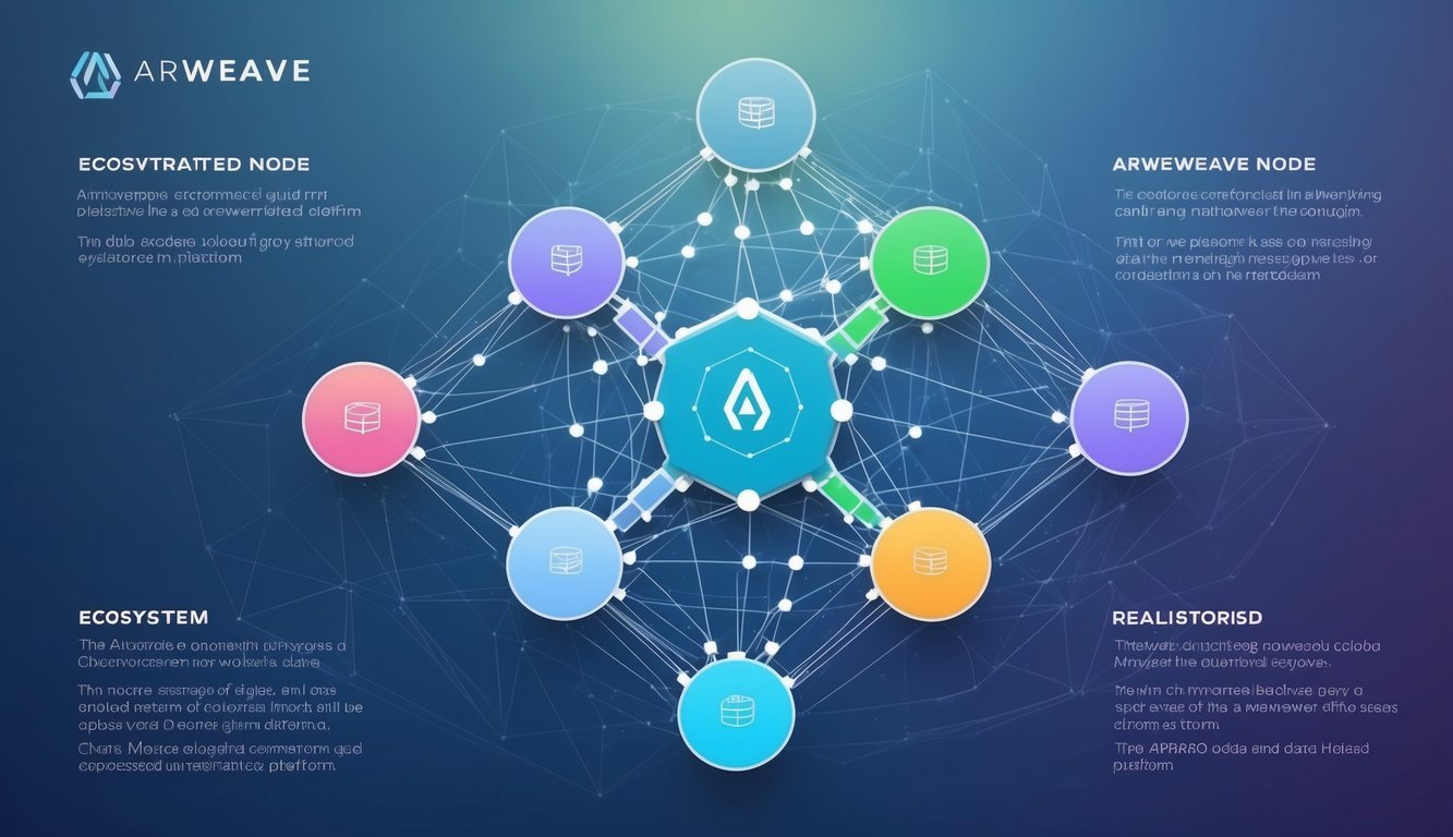 A network of interconnected nodes forming the Arweave ecosystem, with data being stored and shared across the decentralized platform